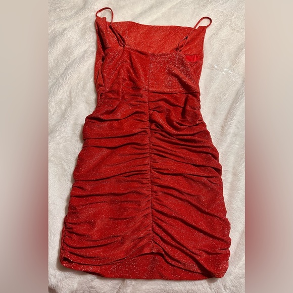 Main Strip Red Mini Stretch Dress with Draped Neckline Size Large - Picture 1 of 3